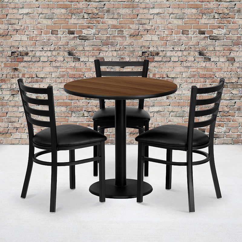 Emma and Oliver 30 Round Walnut Laminate Table Set， 3 Ladder Back Metal Chairs