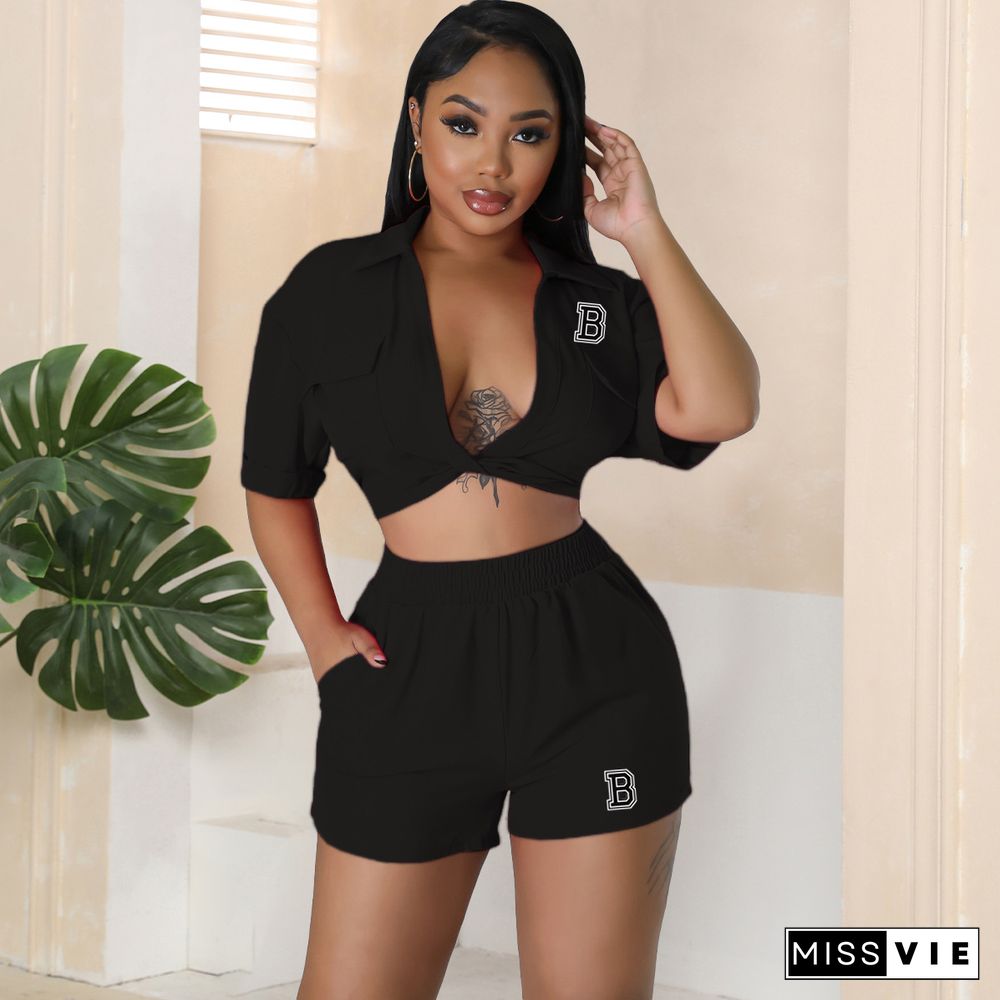 Letter B Short Sleeve Crop Tops 2 Piece Shorts Suit