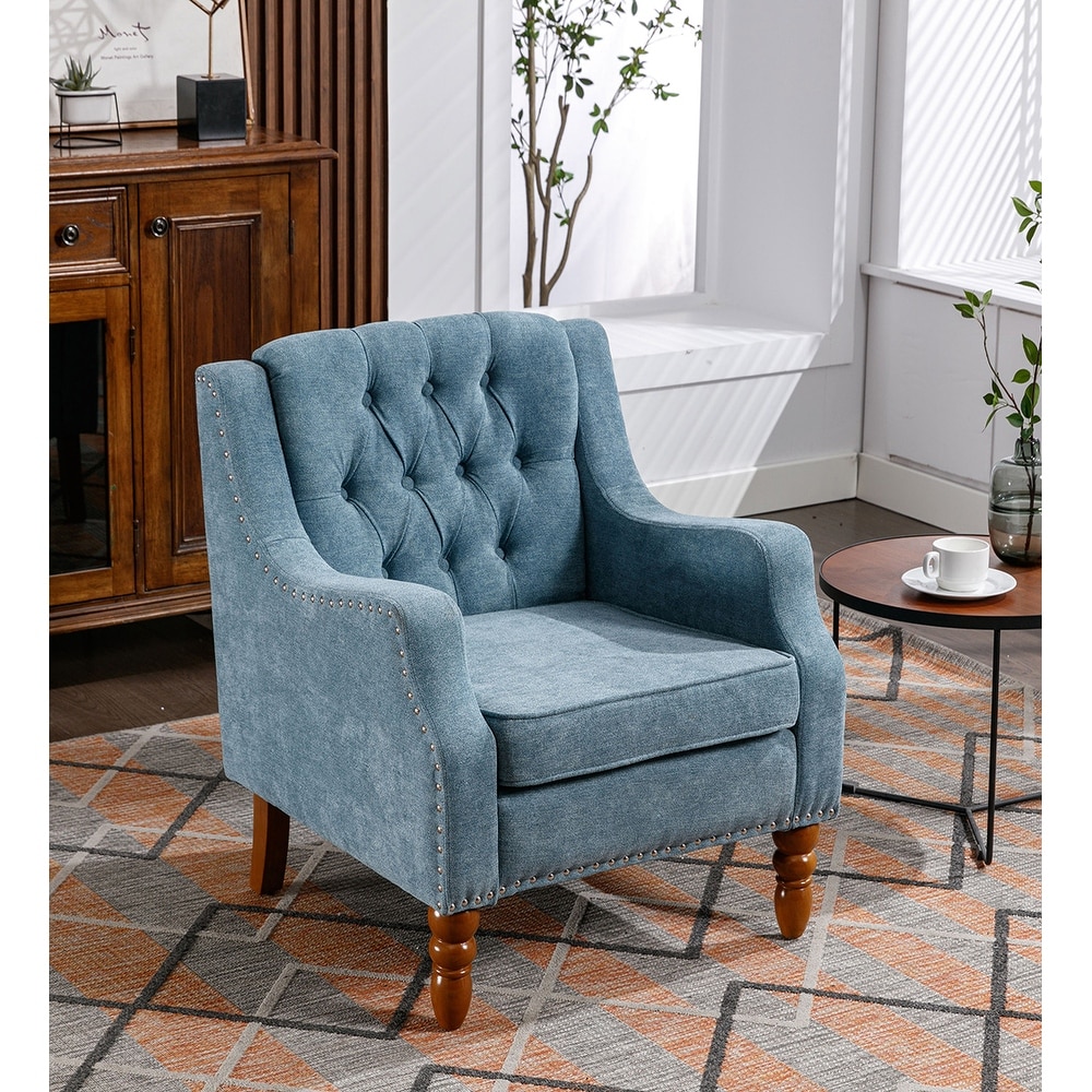 Modern Accent Chair Armchair Blue Tufted Armchair with Vintage Brass Studs Upholstered Chair for Living Room