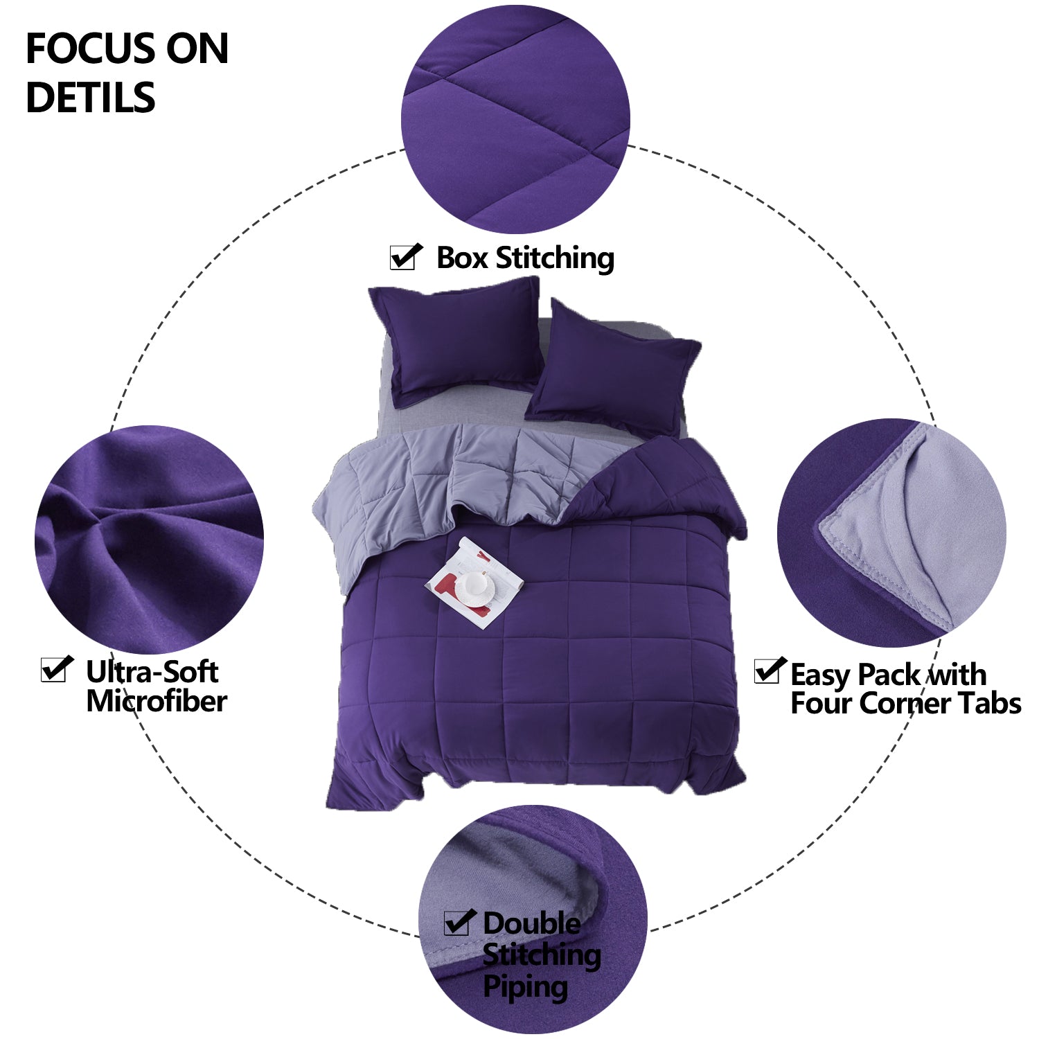 HIG Traditional All Season 3-Piece Comforter Set， Down Alternative Filling， King， Purple