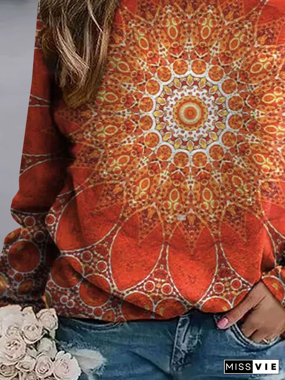 Casual Loose Ethnic Prited Plus Size Sweatshirts