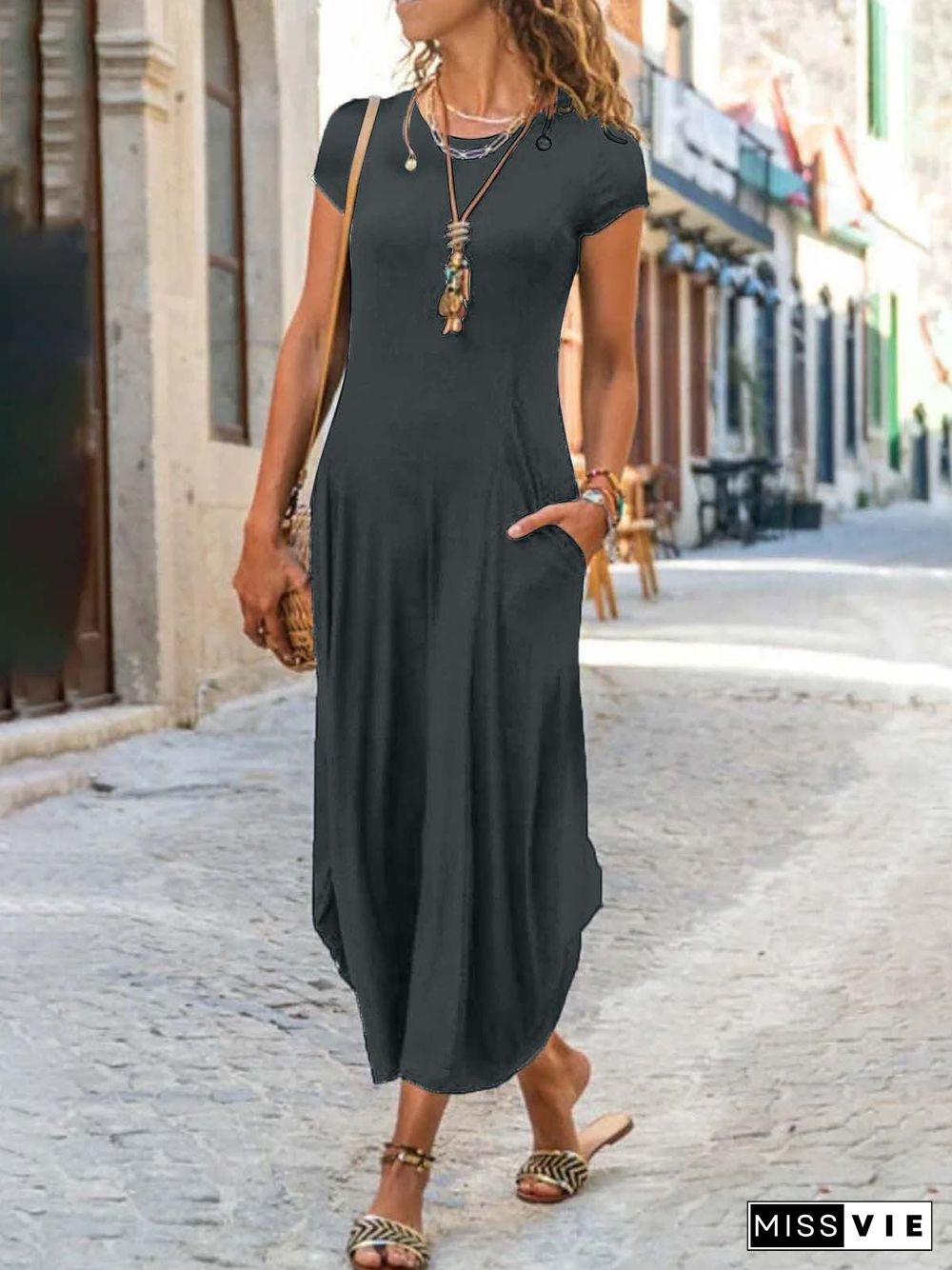 Women's Short Sleeve Scoop Neck Casuals Maxi Dress