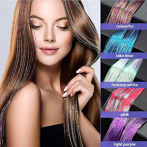 2000 Strands Heat Resistant Hair Tinsel Kit with Tools for Festival Party Dazzle（Gold+Blue+Purple+White+Pink）