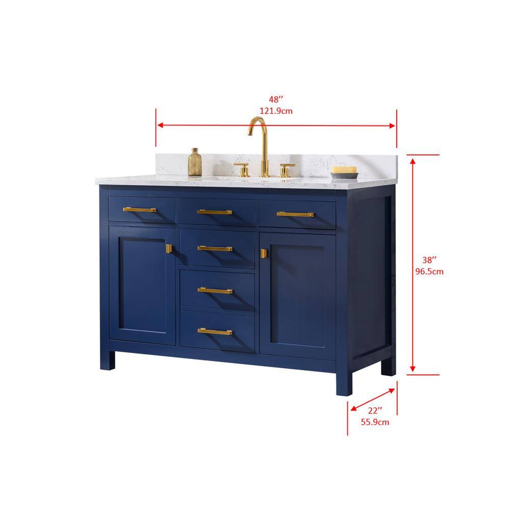 SUDIO Jasper 48 in. W x 22 in. D Bath Vanity in Navy Blue with Engineered Stone Vanity in Carrara White with White Basin Jasper-48NB