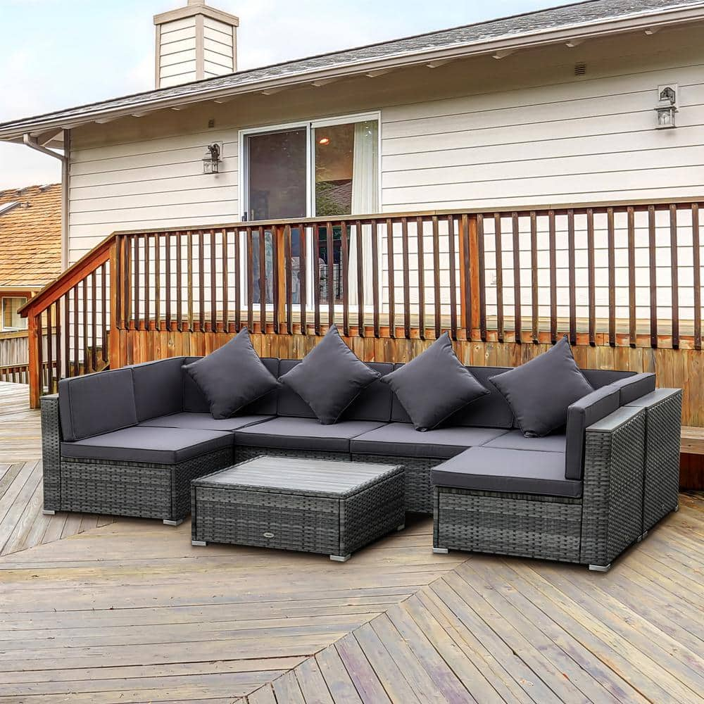 Outsunny 7-Piece Patio Furniture Sets PE Rattan Wicker Outdoor Sectional Sofa Set Conversation Set with Grey Cushion 860-212GY