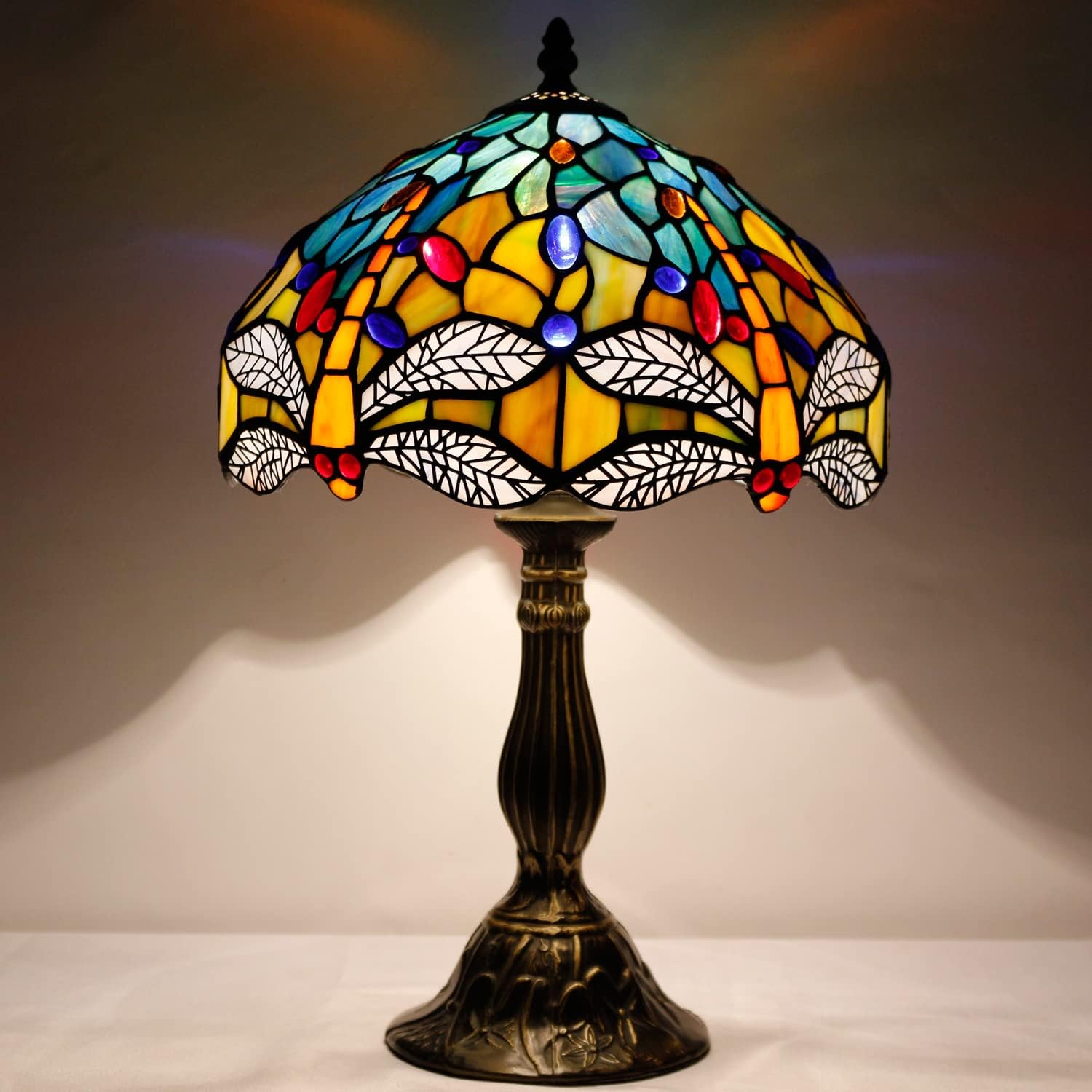 GEDUBIUBOO Tiffany Lamp Sea Blue Yellow Stained Glass Dragonfly Style Table Lamp Nautical Reading Desk Bedside Light 12X12X18 Inches Decor Bedroom Living Room  Office S128 Series