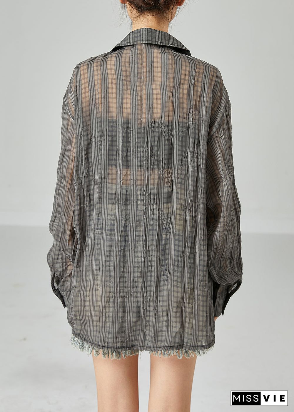 Organic Dark Grey Oversized Striped Wrinkled Linen Shirt Tops Spring