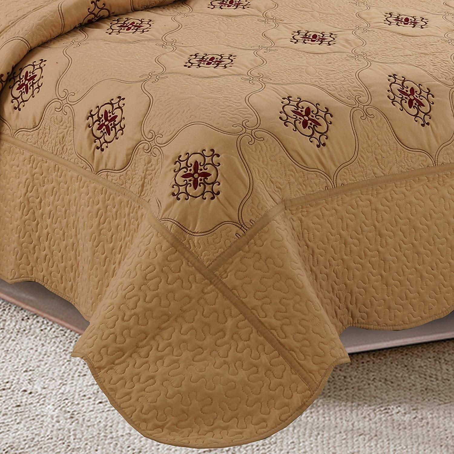 MarCielo 3-Piece Fully Quilted Embroidery Quilts Bedspreads Bed Coverlets Cover Set， Burgundy， Brown， Emma(Queen Size， Taupe)