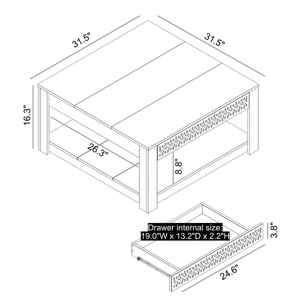 GALANO Japtur 31.5 in. Wood Top Square Laser Cut Coffee Table