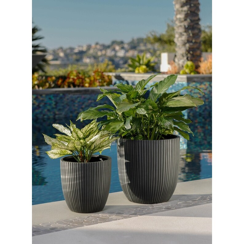 Indoor/Outdoor Large Nordic Minimalist Fiberstone Lightweight Round Planter Pot With Grooves   14  13  11 inch Matte Finish