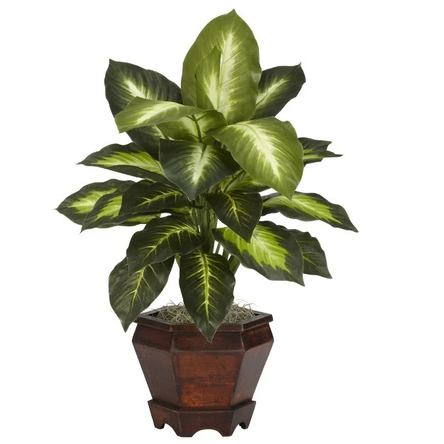 Nearly Natural 20.5-in Dieffenbachia W/wood Vase Silk Plant (set Of 2)