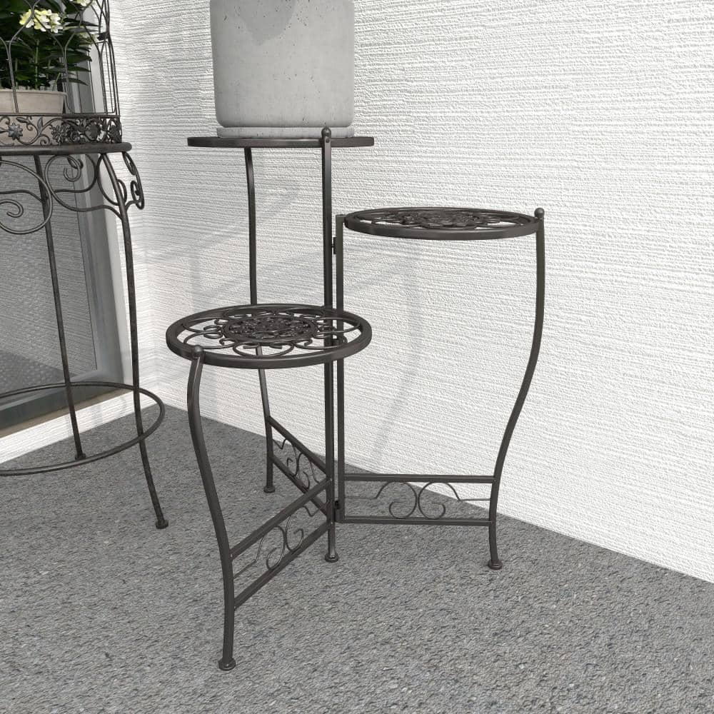 Litton Lane 18 in. Brown Metal Floral Indoor Outdoor 3 Tier Plantstand 41331