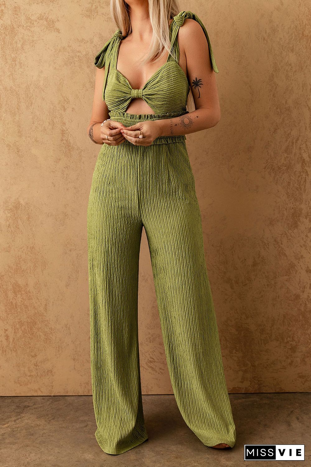 Green Shirred Knotted Front Tied Shoulder Wide Leg Jumpsuit