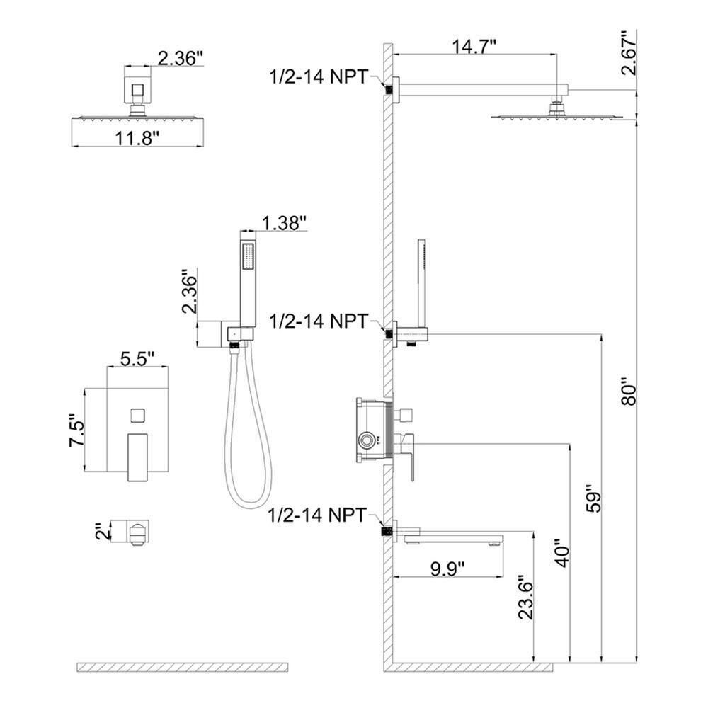 GIVING TREE 3-Spray Patterns with 1.8 GPM 12 in. Tub Wall Mount Dual Shower Heads Handshower in Brushed Nickel XLHDDTSH0005