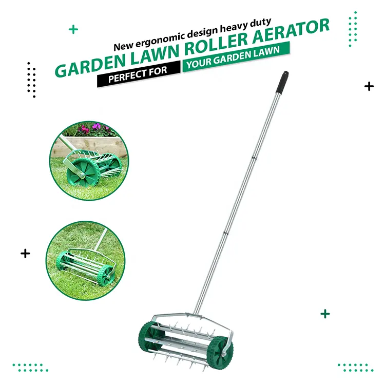 Gardening Tool Rotary Lawn Scarifier Heavy Duty Soil Roller Grass Roller Lawn Aerator Spike with 3 Level Adjustable Handles