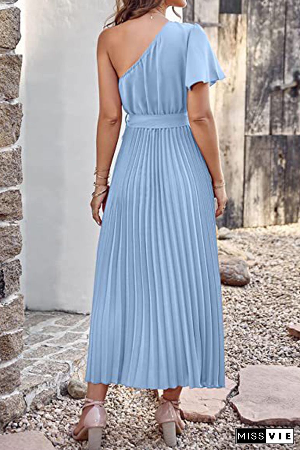 One SHoulder Short Sleeve Smock Maxi Dress