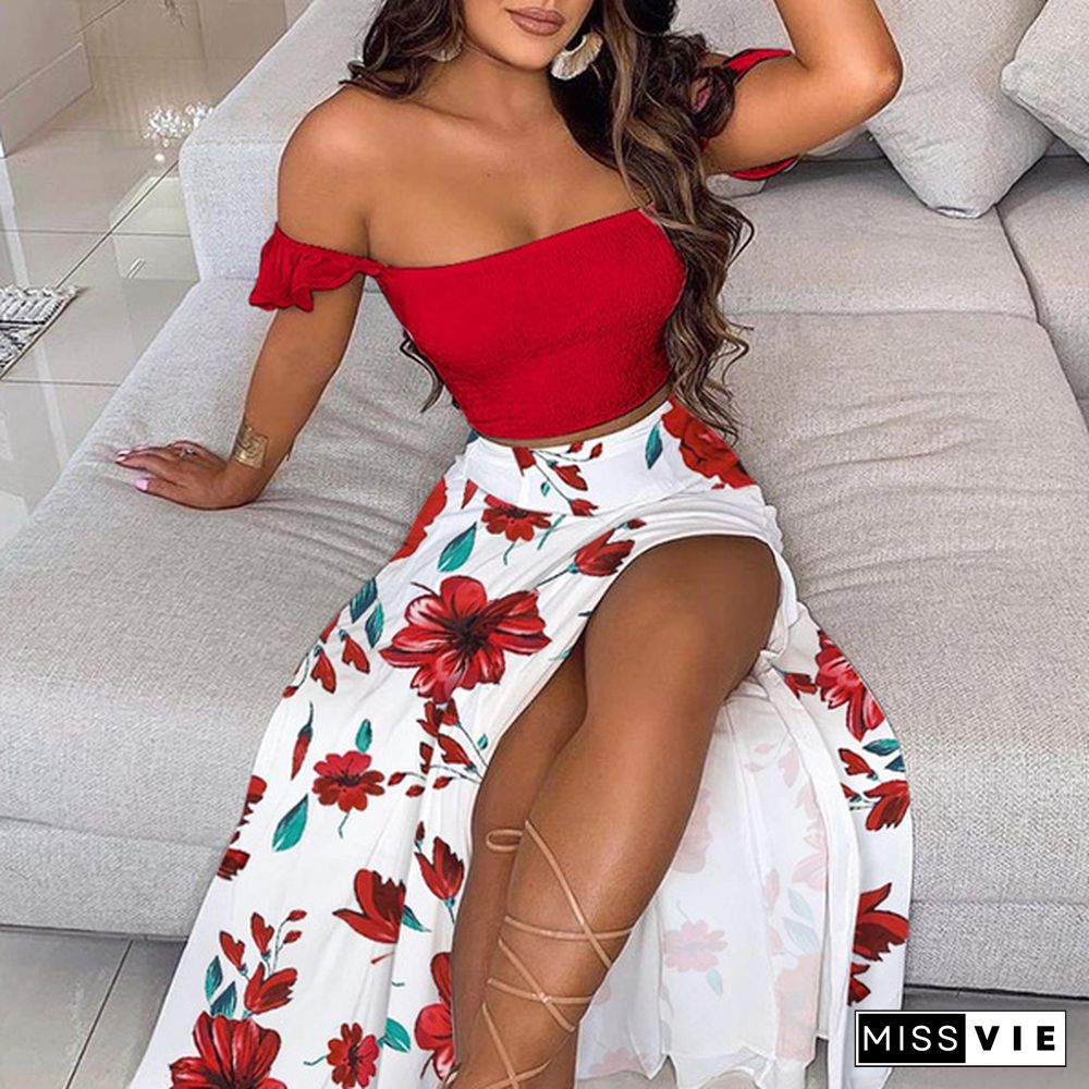 XS-5XL Fashion Summer Women Elegant Two Pieces Sets Cropped Top & Split Skirt Temperament Drop-shoulder Frilled Top and High Waist Split Dress