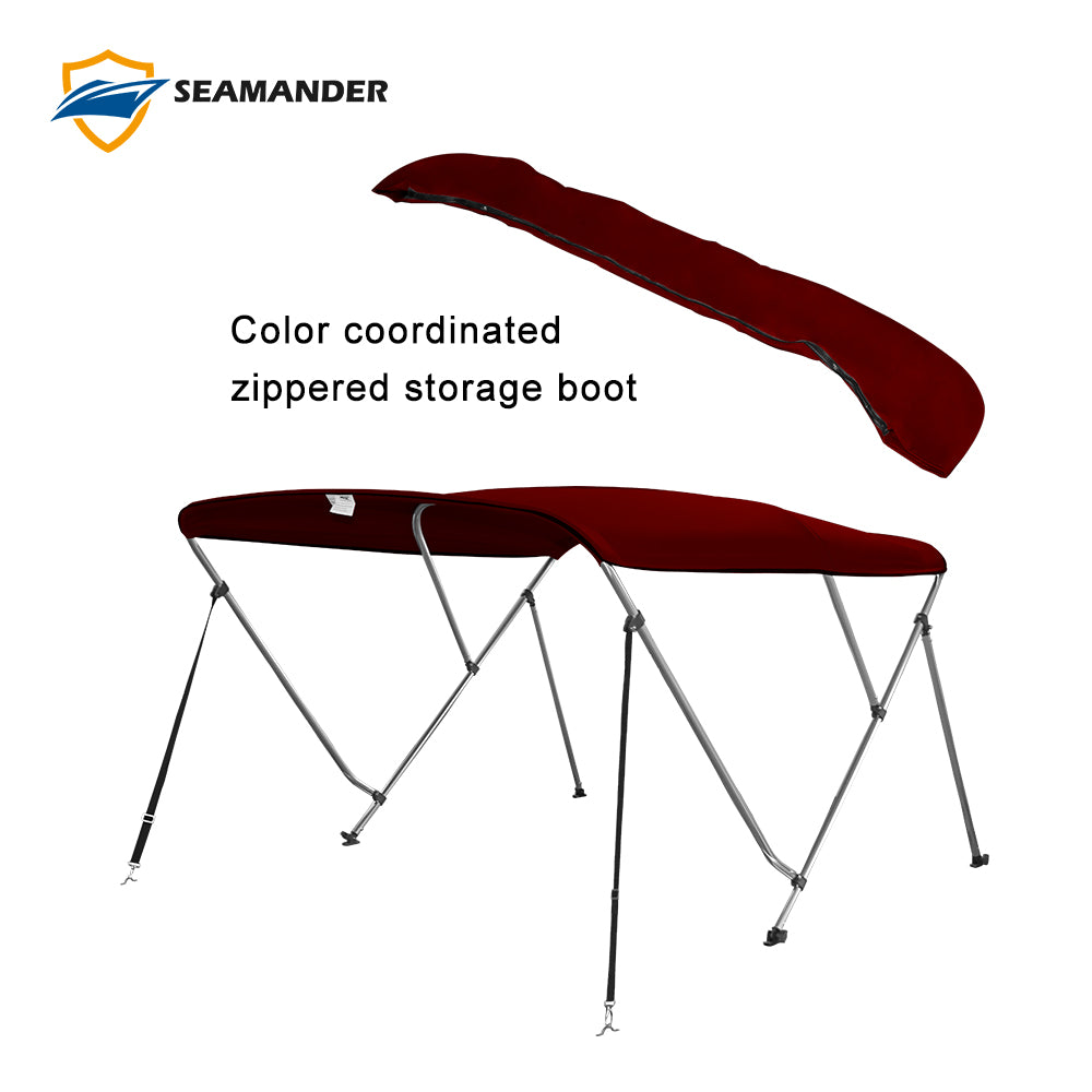 Seamander 3 Bow Bimini Top Boat Cover with Rear Support Pole and Storage Boot， Burgundy