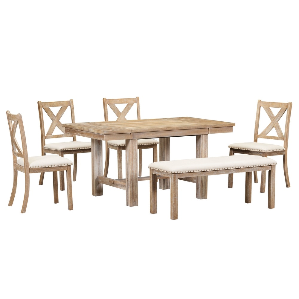 Classic 6 Piece Dining Set with Rectangular Extendable Dining Table and Upholstered Chairs   Bench w/Nailhead  for Dining Room