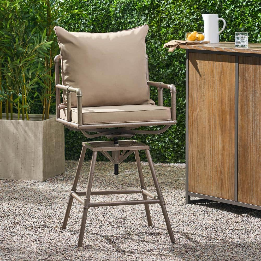 Noble House Jacoby Swivel Metal Outdoor Bar Stool with Gray Cushion 1146