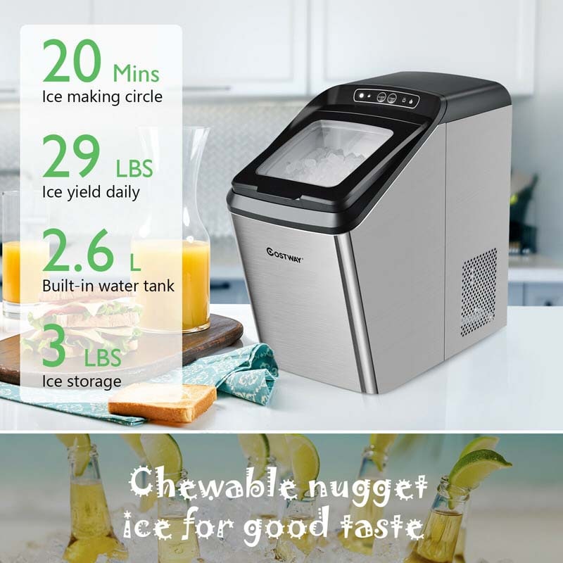 29LBS/24H Chewable Nugget Ice Maker Countertop, Portable Ice Machine with 3 Lbs Basket & Scoop