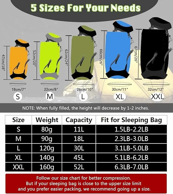 Compression Stuff Sack  Water Resistant   Ultralight Sleeping Bag Stuff Sack   Space Saving Gear for Camping  Hiking