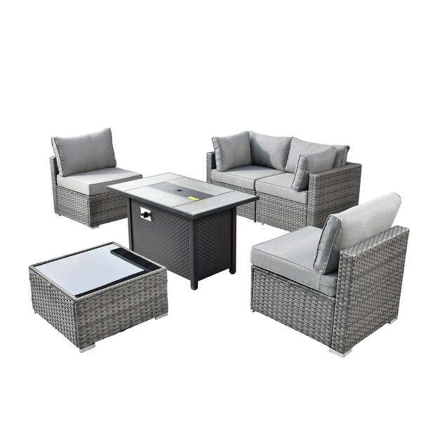 XIZZI Patio Furniture Set 6 Pieces Outdoor Sectional Rattan Sofa with Firepit