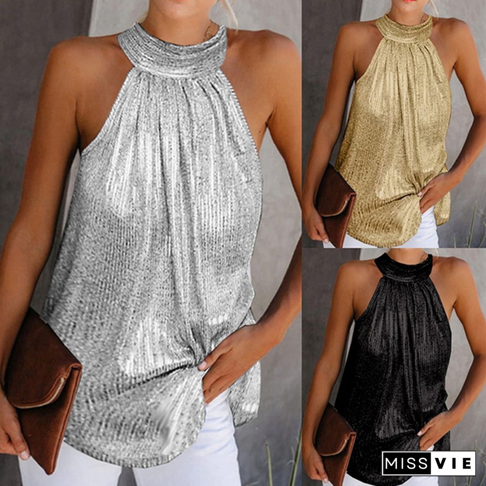 Black Halter Neck Sleeveless T-Shirt Summer Silver Solid Shiny T-Shirts Women