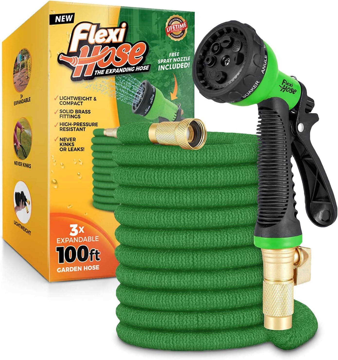 Flexi Hose with 8 Function Nozzle Expandable Garden Hose, Lightweight & No-Kink Flexible Garden Hose, 3/4 inch Solid Brass Fittings and Double Latex Core, 50 ft Blue Black