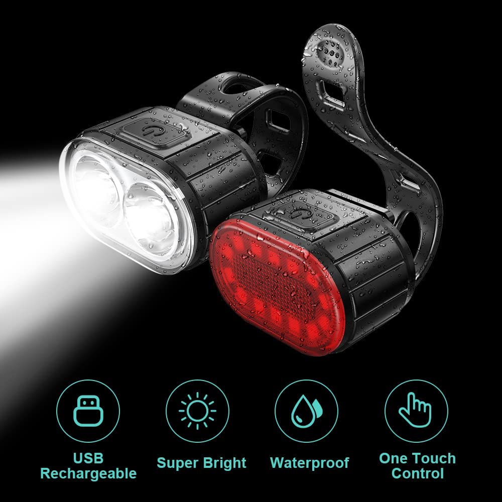 USB Rechargeable Bike Light Set， 350 Lumen Super Bright Bike Lights Front and Back LED Rear Taillight， Bicycle Lights for Night Riding Safety， Waterproof IPX5， 4/6 Modes， Mode Memory