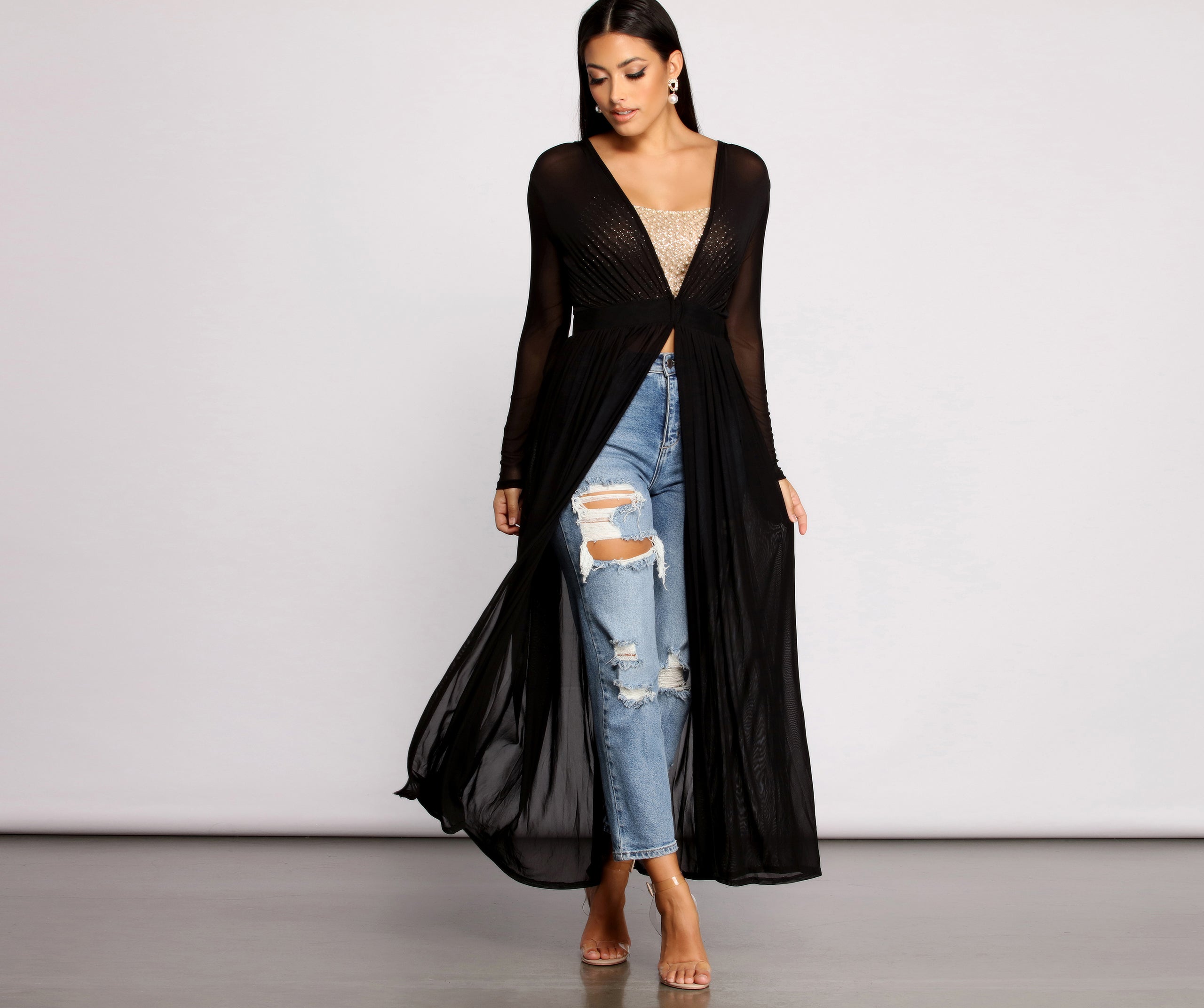 Pleated Long Sleeve Mesh Duster