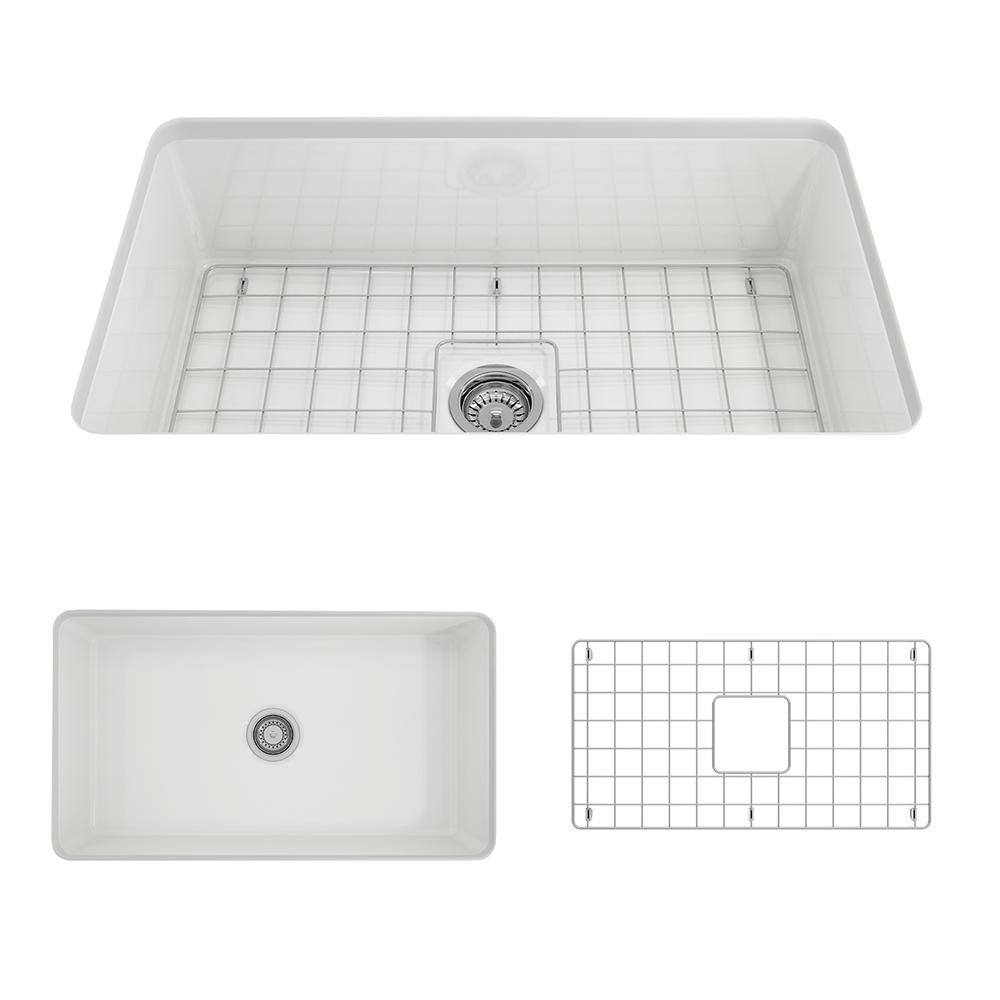 BOCCHI Sotto Undermount Fireclay 32 in. Single Bowl Kitchen Sink with Bottom Grid and Strainer in White 1362-001-0120