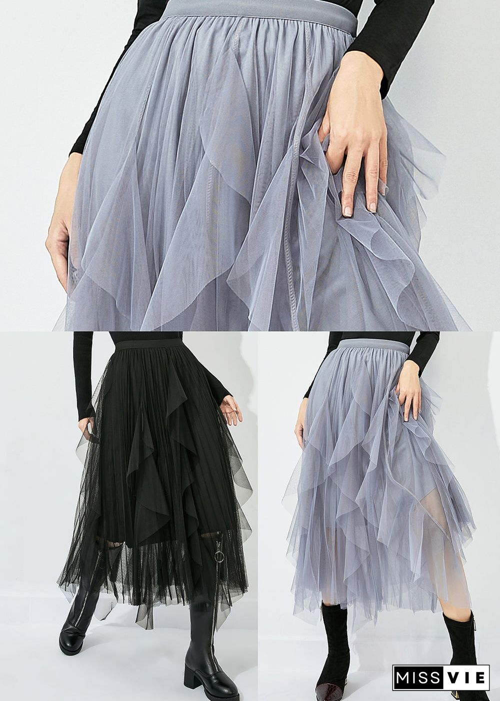 Women Grey Elastic Waist Exra Large Hem Tulle Skirt Summer