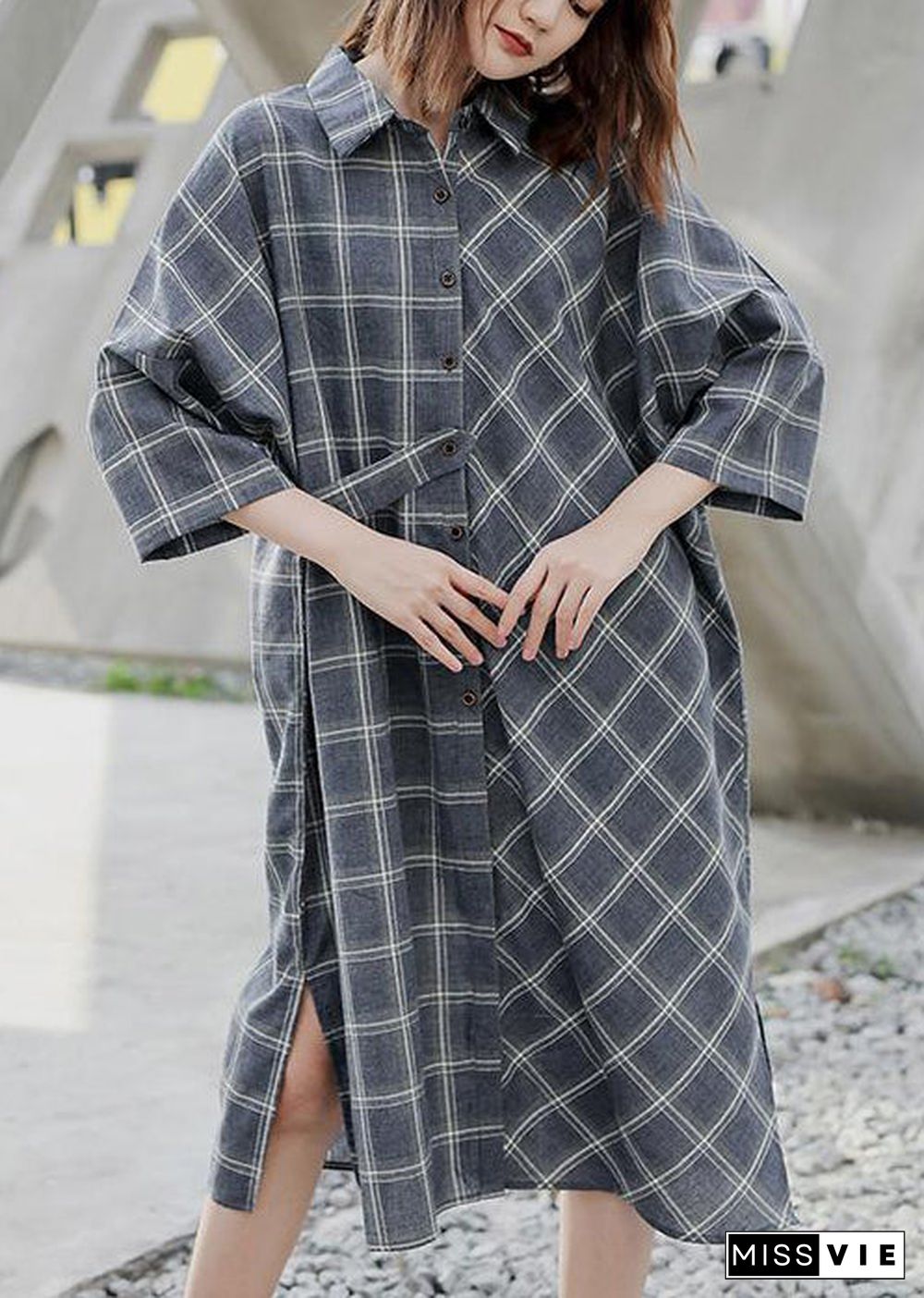 Women Spring Casual Plaid Cardigan Shirt Dress