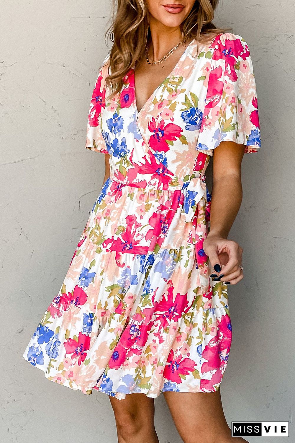 Multicolor Sweet Floral Wrap V Neck Skater Dress