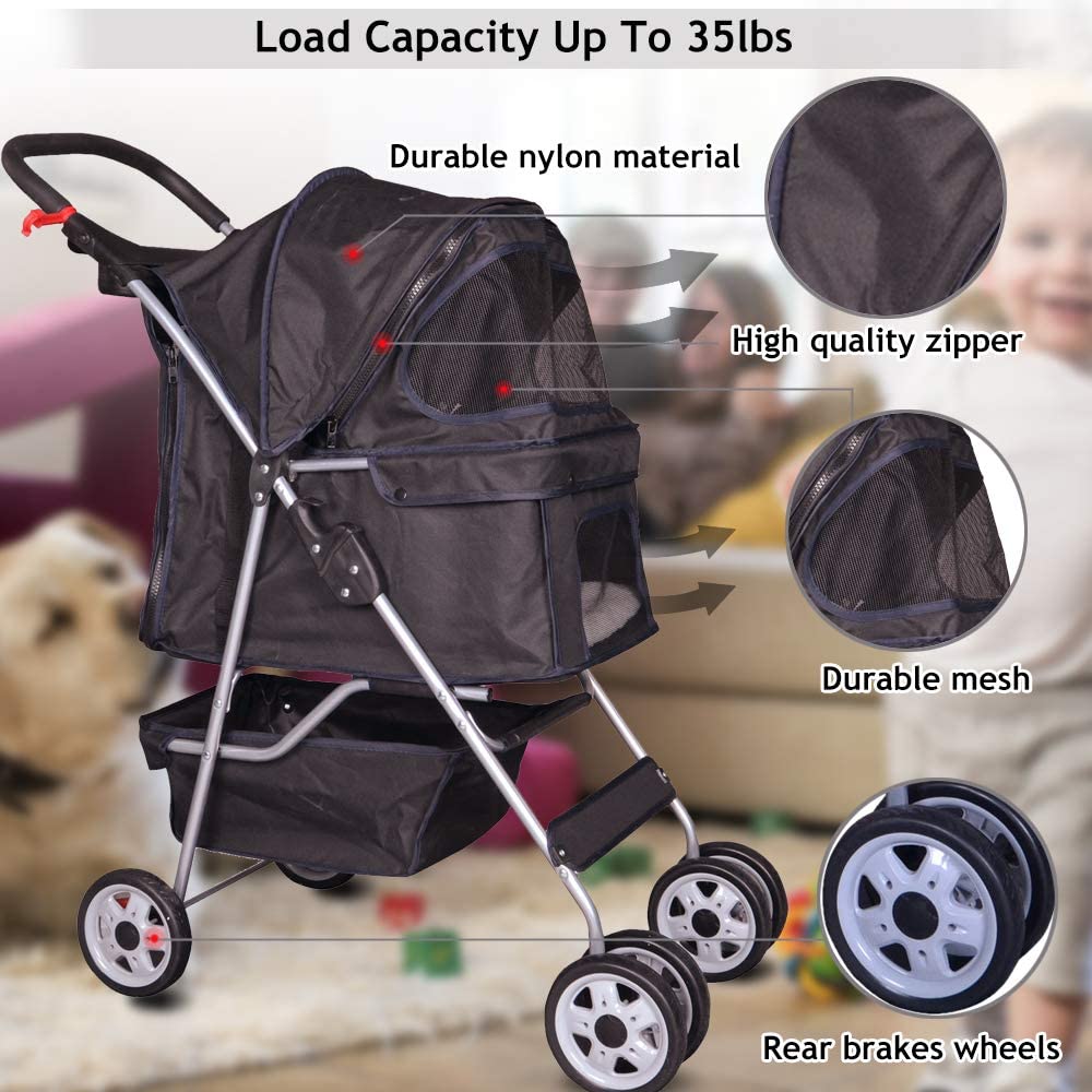 Dkelincs 4 Wheels Folding Dog Stroller for Medium Cats and Dogs with Cup Holder， Black