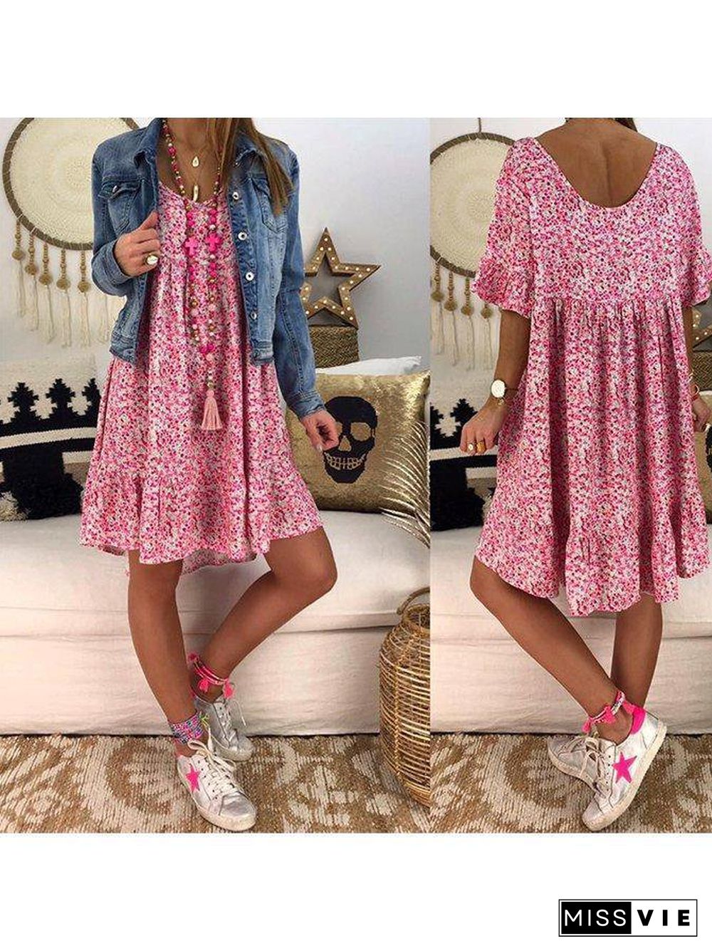 Red Floral Casual Short Sleeve Ruffled Weaving Dress