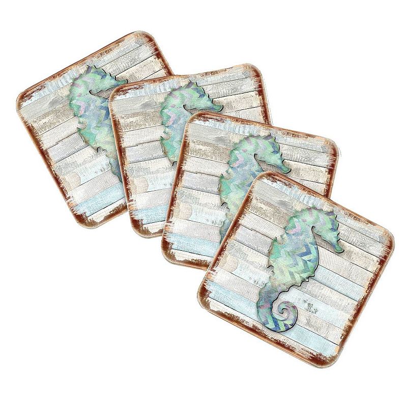 Seahorse Coastal Wooden Cork Coasters Gift Set of 4 by Nature Wonders