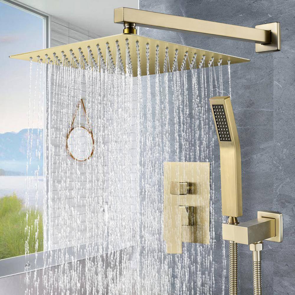 Heemli 10 in. Rainfall Single Handle 1-Spray Square Shower System 1.8 GPM with Pressure Balance in Gold Valve Included KH10G