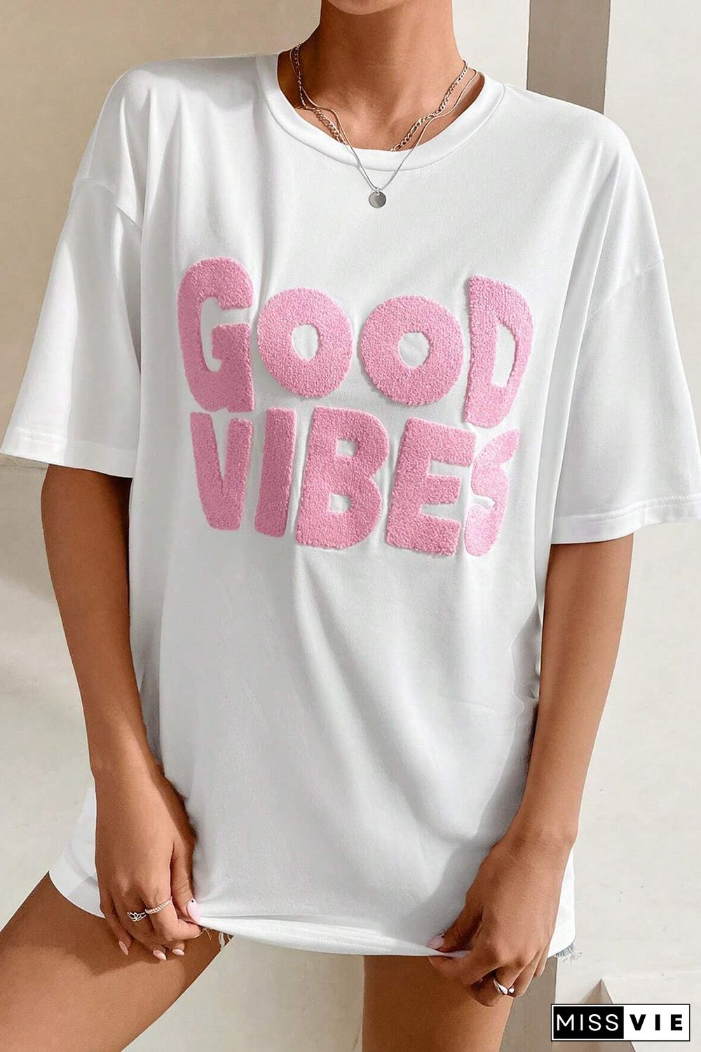 White GOOD VIBES Chenille Embroidered Crewneck T Shirt