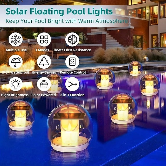 Solar Floating Pool Lights Waterproof Pond Flickering Lights Outdoor Garden Decoration Remote Control Flame Lights Wishing Lights