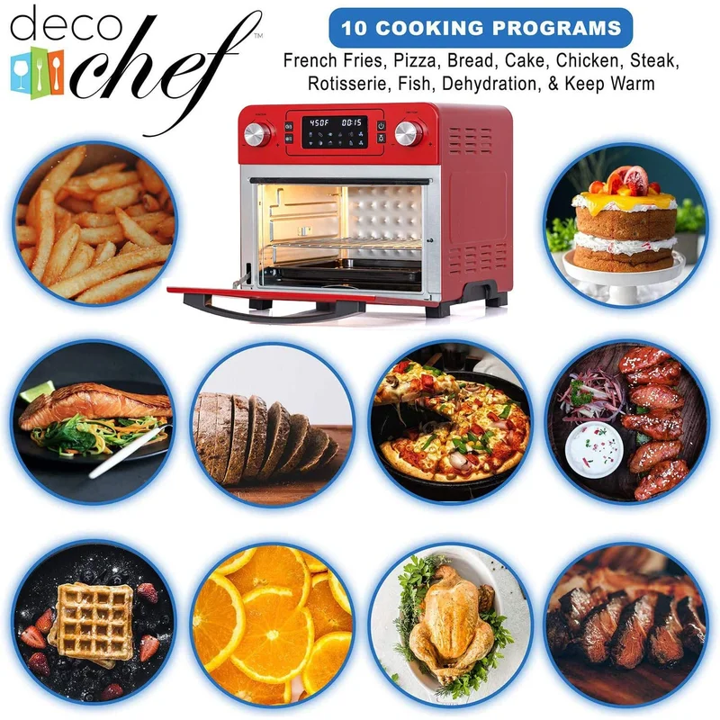 Deco Chef TQAIRRED 24 QT Red Stainless Steel Countertop 1700 Watt Toaster Oven with Built-in Air Fryer and Included Rotisserie Assembly， Grill Rack， Frying Basket， and Baking Pan