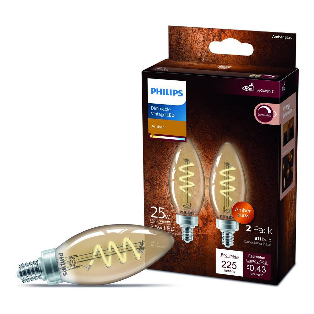 Philips 25-Watt Equivalent B11 Spiral Filament E12 Base LED Vintage Edison LED Light Bulb 2000K Amber (2-Pack) 565804