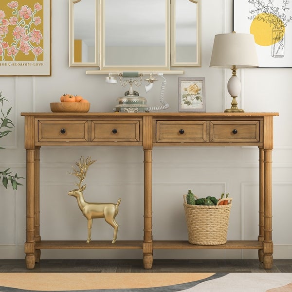 Console Table Easy Assembly with Two Storage Drawers and Bottom Shelf for Living Room