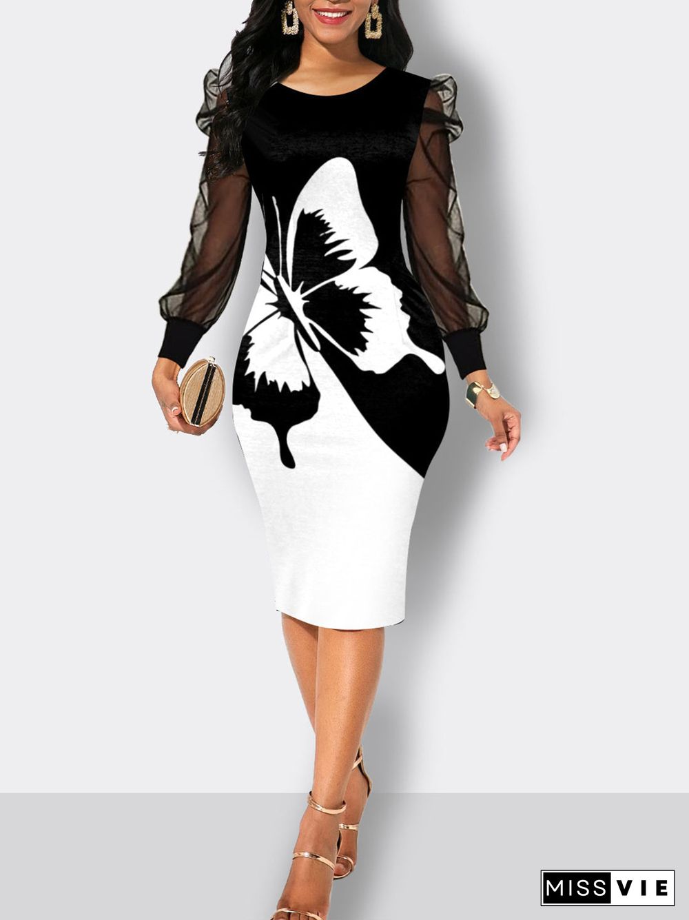 Women's Long Sleeve Graphic Stitching Midi Dress