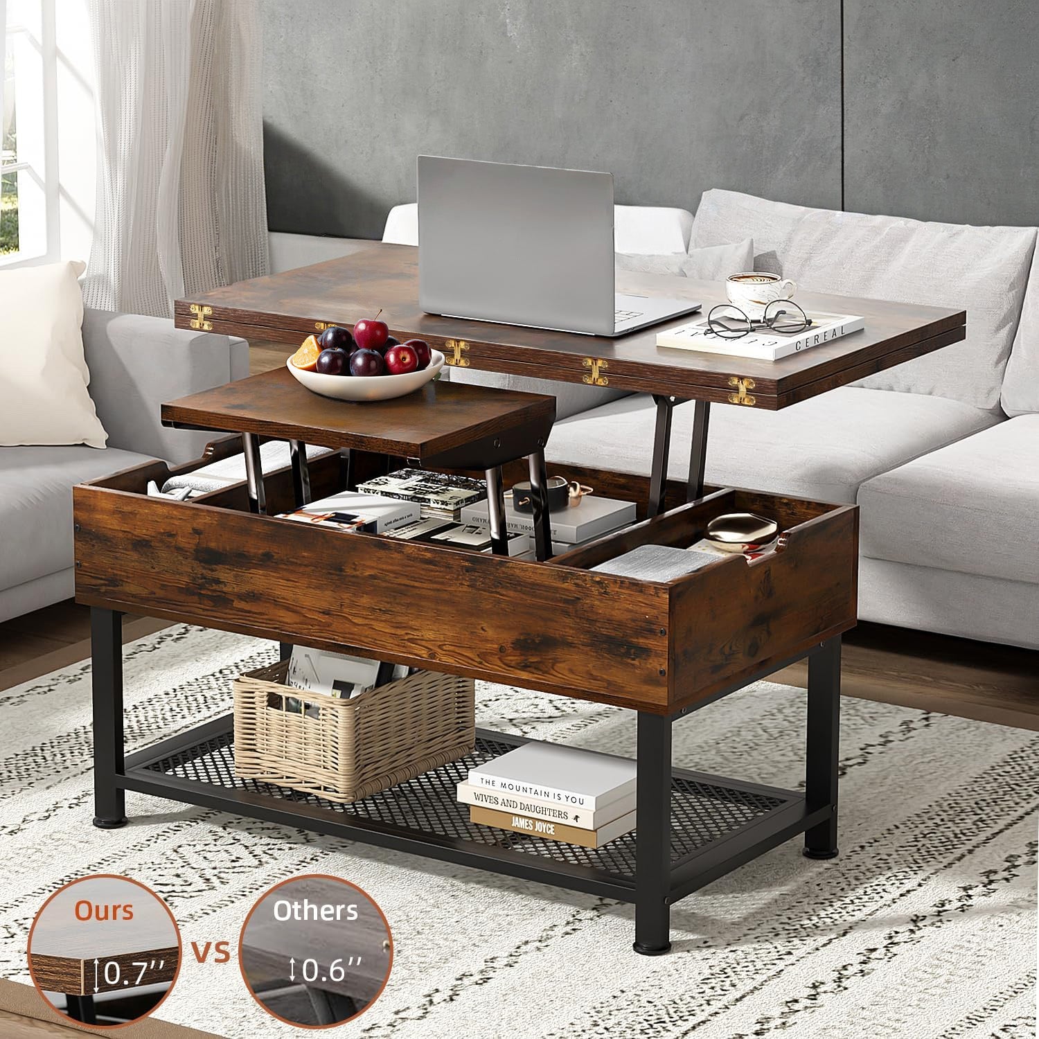 Coffee Table with Lifting Top Modern Lift Dining Table with 4 Storage Spaces