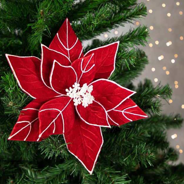 Red And White Velvet Glittered Poinsettia Christmas Stem Spray