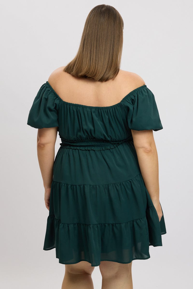 Green Shirred Waistband Tiered Minidress