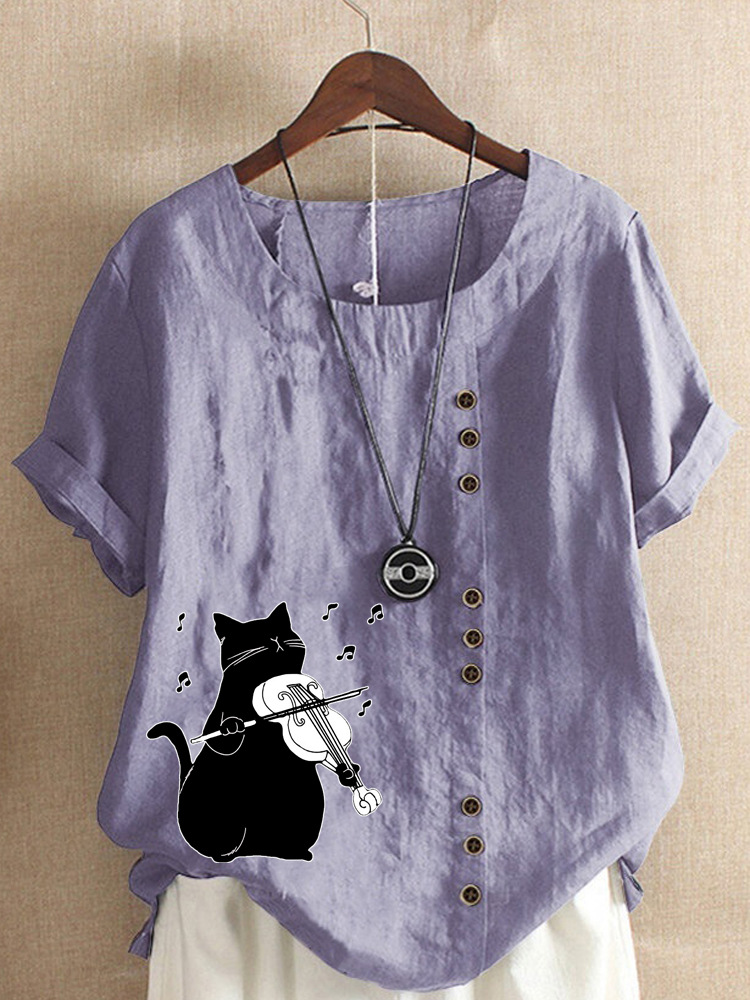 Round Neck Casual Loose Cat Print Short Sleeve Blouse