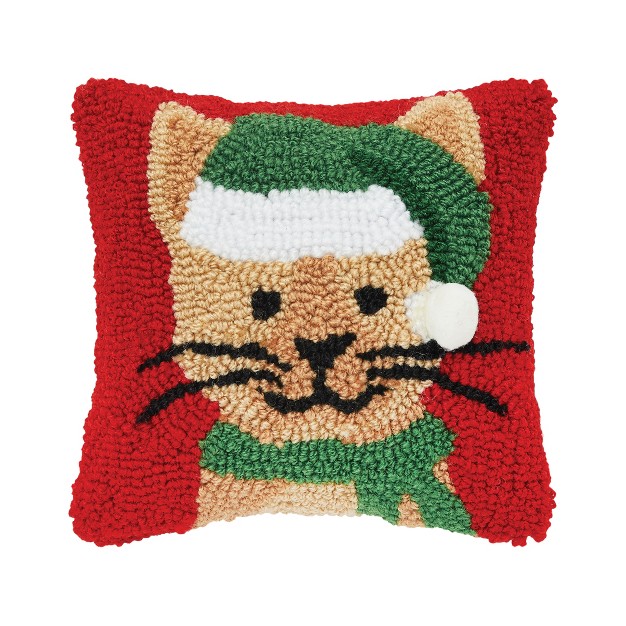 X 8 quot Christmas Brown Kitty Cat In Santa Hat On Red Background Petite Accent Hooked Throw Pillow